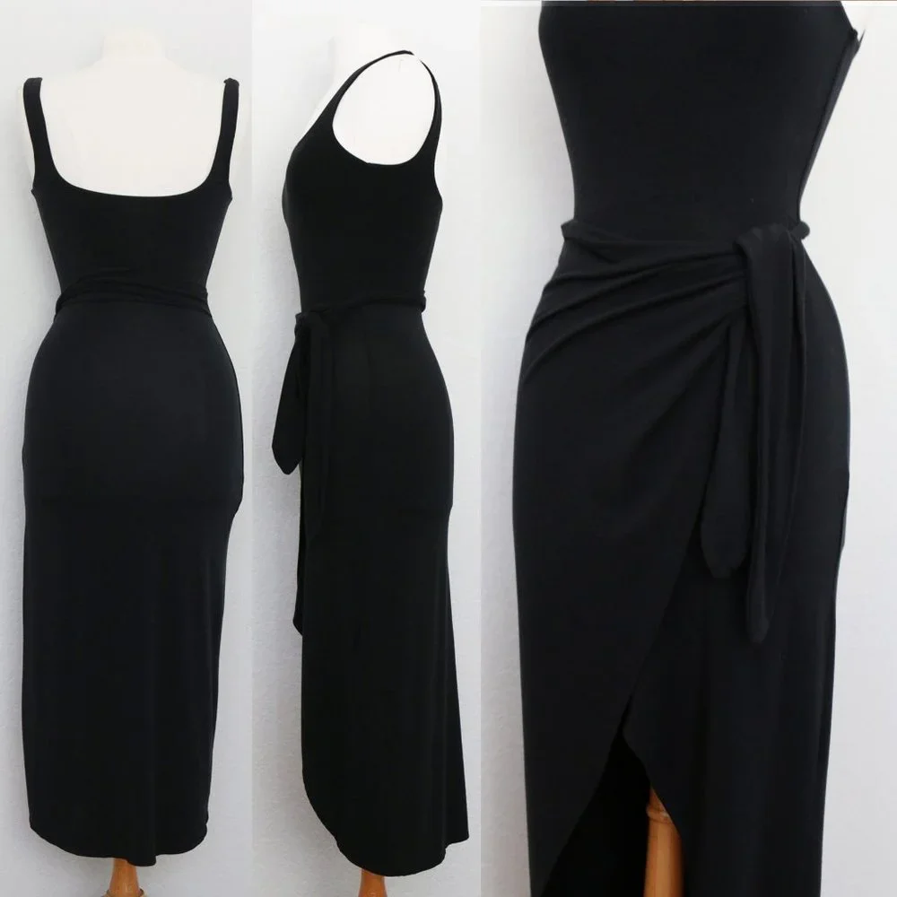 Aritzia Wilfred Saturn Midi Dress Black Square Neck Soft Stretchy Midi Wrap XS - Picture 10 of 12